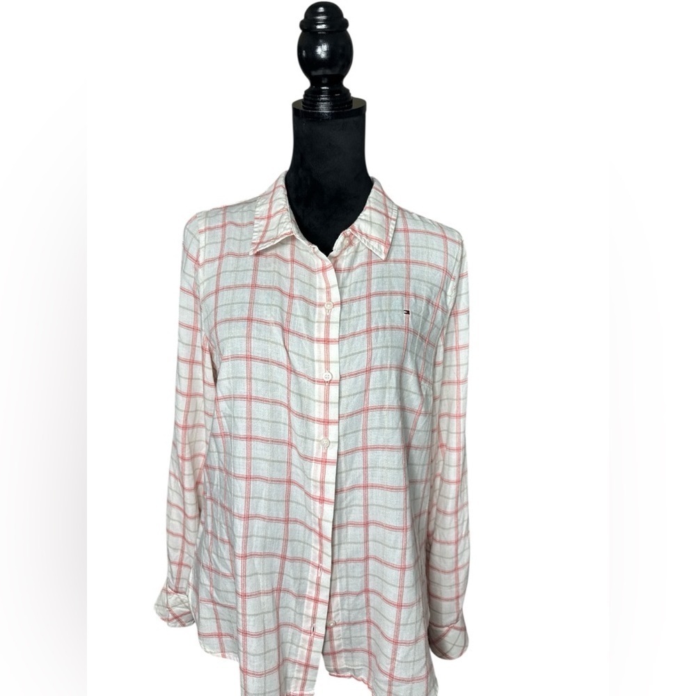 Tommy Hilfiger Red Plaid Button Down Shirt Women’s Large - Picture 2 of 9